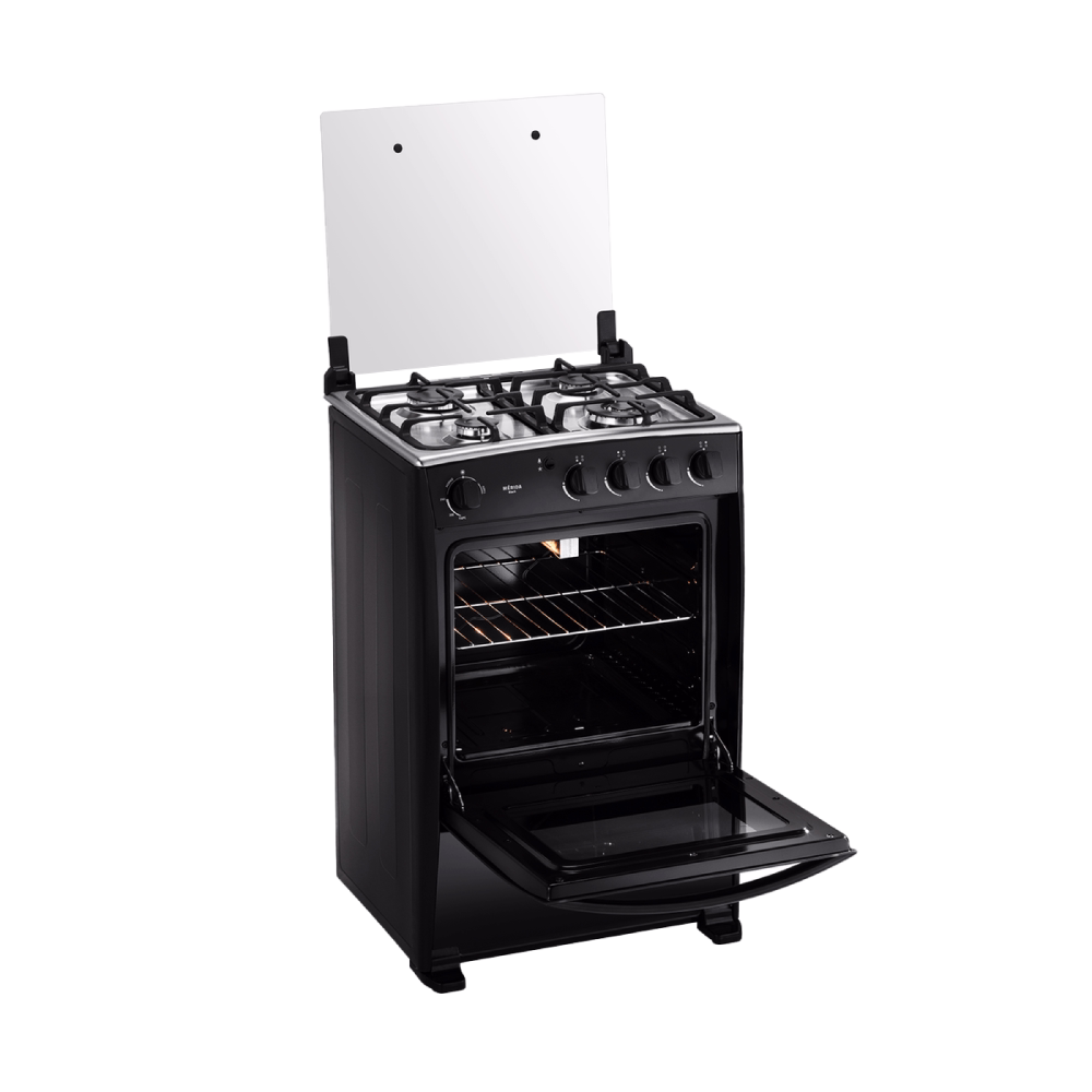 Cocina a gas Indurama Merida Black Quarzo horno abierto vista tres cuartos