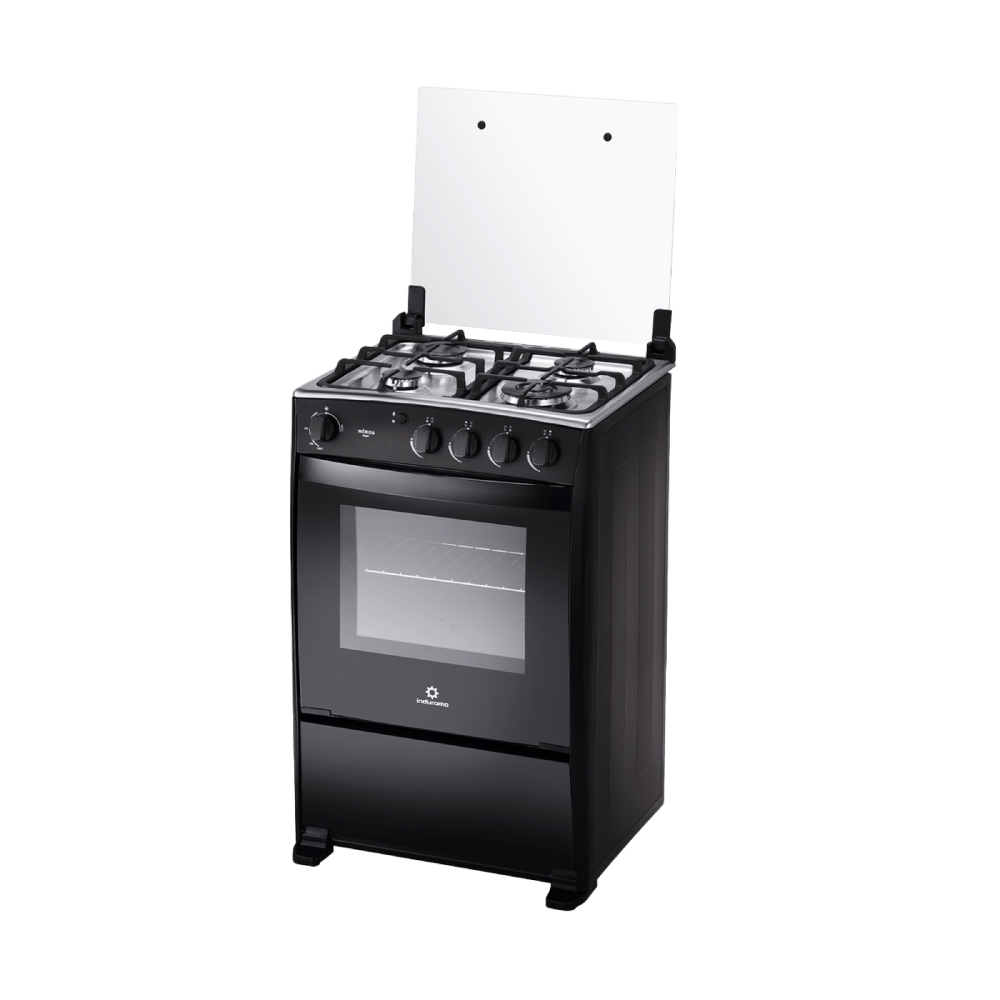 Cocina a gas Indurama Merida Black Quarzo acabado negro vista tres cuartos