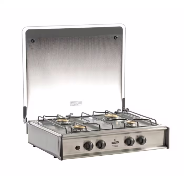 Cocineta Florencia 4Q Inox Plus de Ecoline, moderna y funcional, con quemadores de bronce y diseño en acero inoxidable para una cocina eficiente.