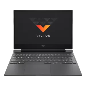 Laptop gamer HP Victus 15-FB3019LA negra, vista frontal con pantalla y teclado