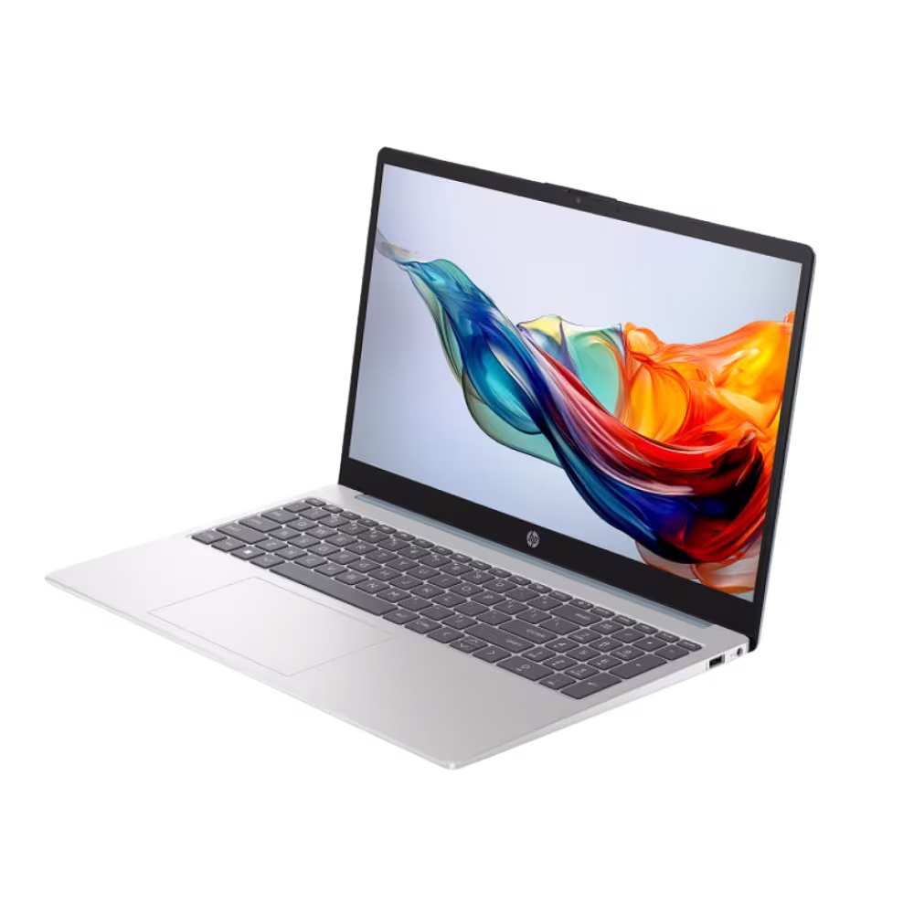 Computador Portátil HP 15-FC0279LA Ryzen 7 pantalla abierta vista tres cuartos, adquiérelo en granhogar