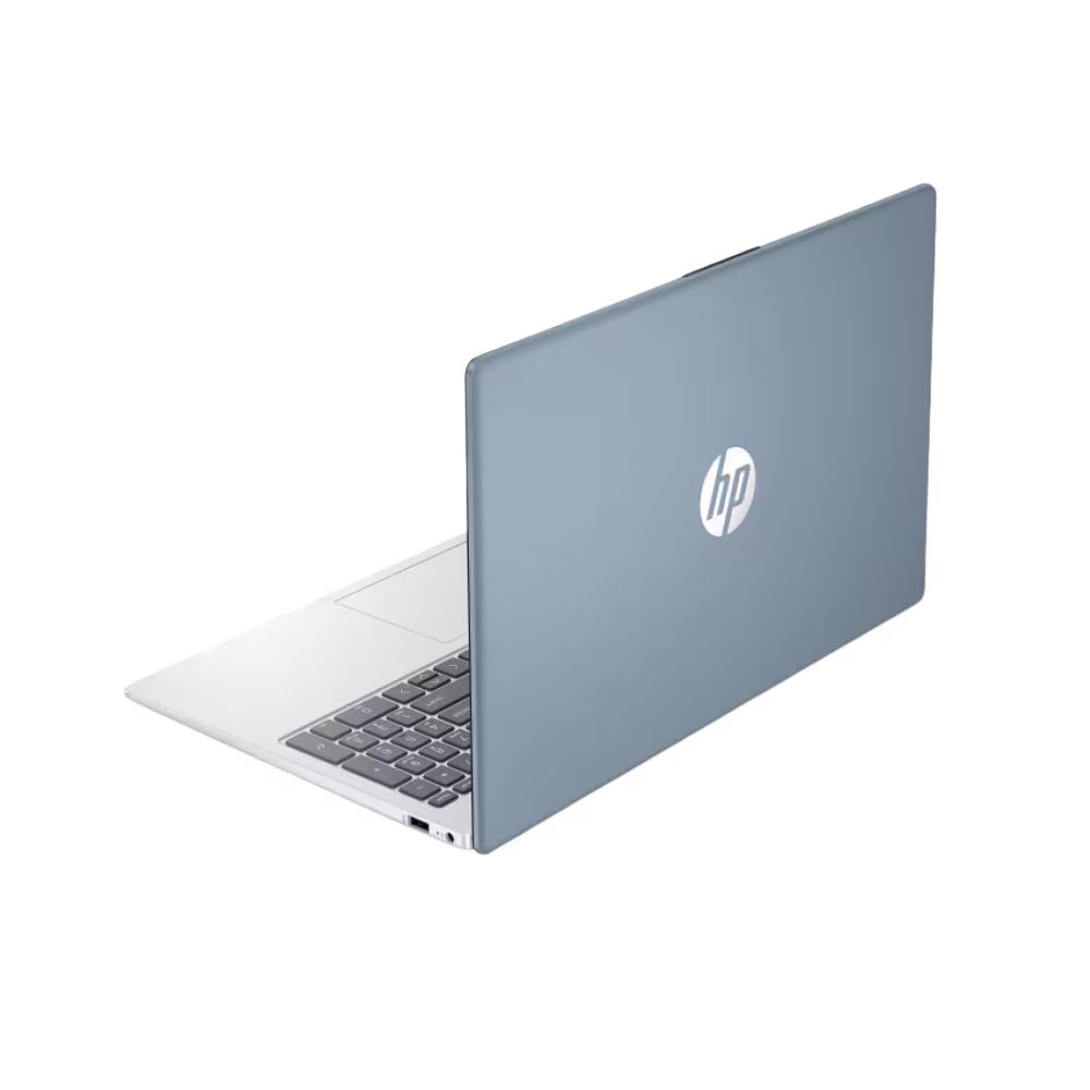 Computador Portátil HP 15-FC0279LA cubierta posterior con logo vista tres cuartos, adquiérelo en granhogar