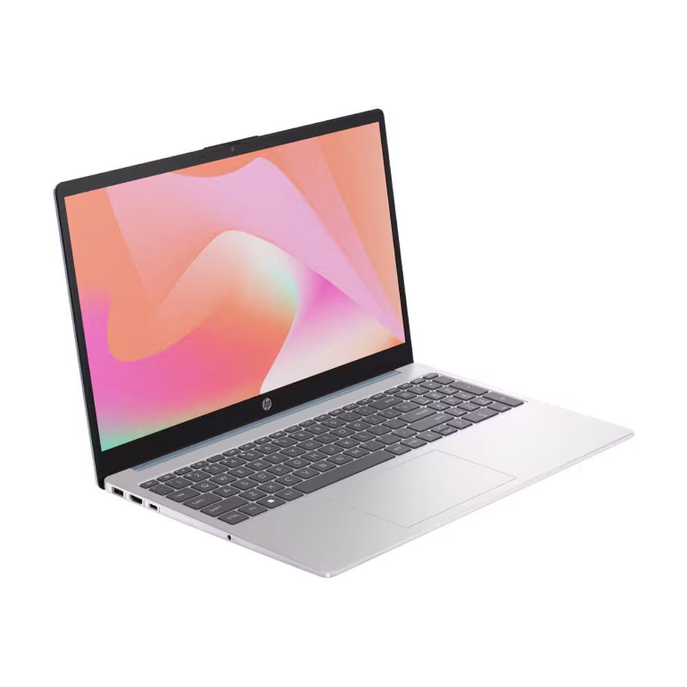 Computador portátil HP 15-FD0234LA 15.6" plateado, vista frontal lateral, disponible en granhogar