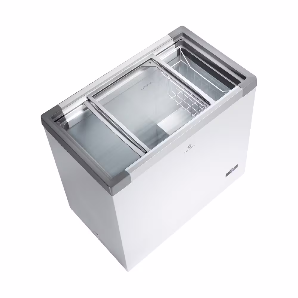 Congelador CI-199 diseño con tapa de vidrio, control digital, ruedas resistentes y puerta con llave. Ideal para negocio o hogar.