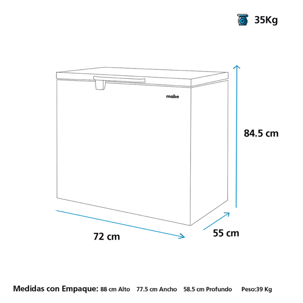 Congelador Mabe ALASKA145BH1 145L medidas y dimensiones vista esquematica, compra online en granhogar