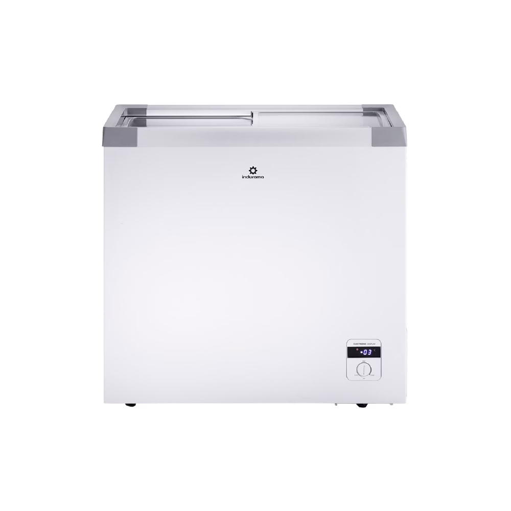 Congelador CI-199 T/V Indurama blanco tapa de vidrio vista frontal descúbrelo en granhogar