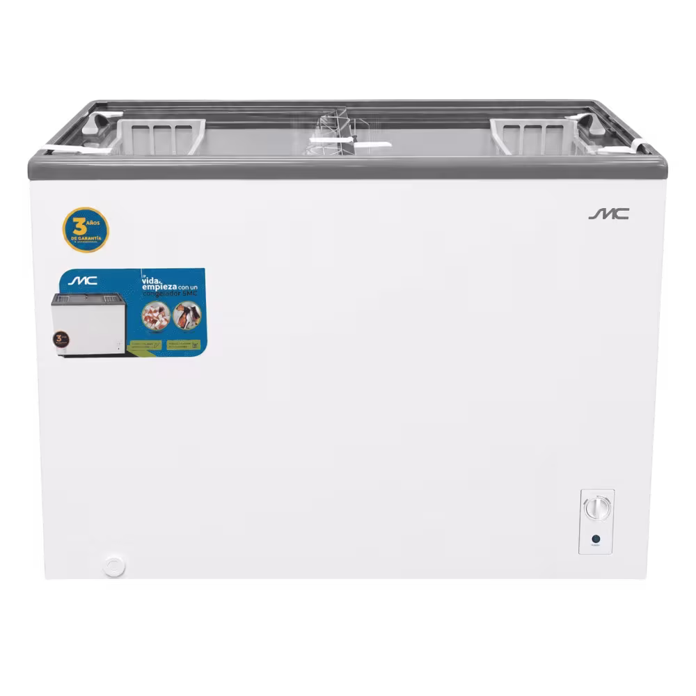 Congelador horizontal SMC SMCCG09HB1 gabinete blanco y calcomanias vista frontal disponible en granhogar