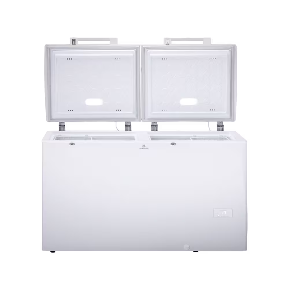 Congelador horizontal Indurama CI 400 con dos tapas abiertas vista frontal. Cómpralo en granhogar