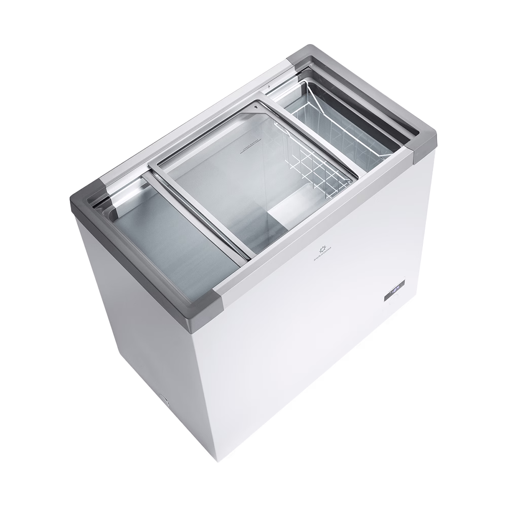 Congelador CI-199 T/V Indurama blanco tapa de vidrio vista superior diagonal descúbrelo en granhogar