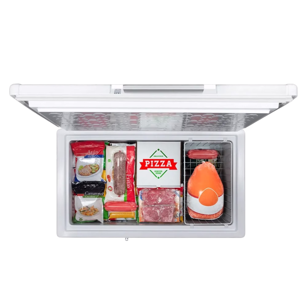 Congelador horizontal CI 300 tapa metálica Indurama vista superior con alimentos cómpralo en granhogar