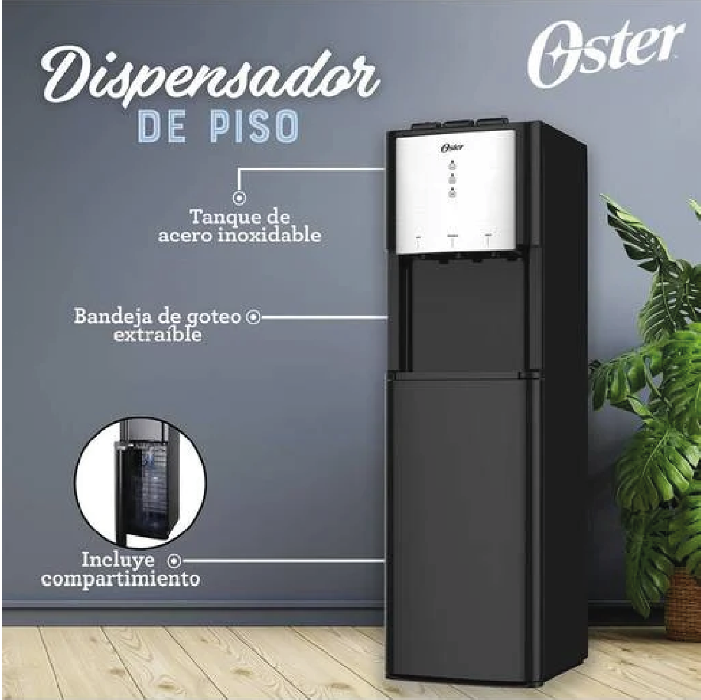 Refresca tu día con el dispensador de agua OS-WDABL2400BS de Oster. Eficiencia y diseño moderno para tu hogar, siempre con agua fresca a tu alcance.