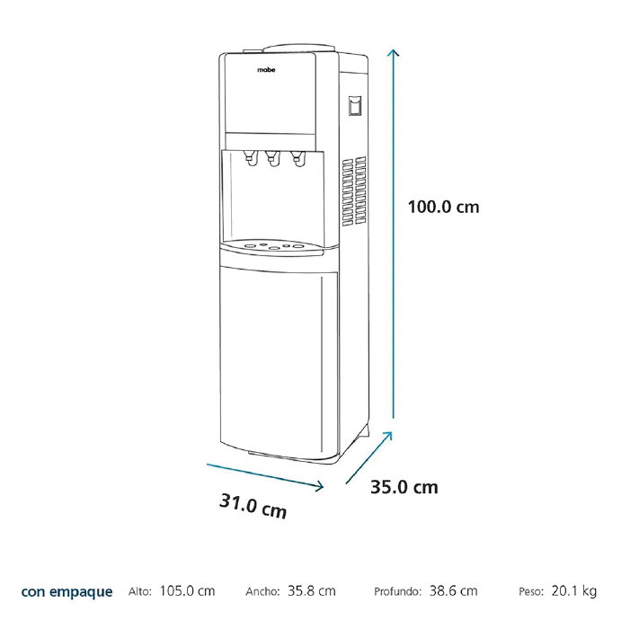 Disfruta de agua siempre fresca con el dispensador negro MXCFS7CCSS de Mabe. Estilo y funcionalidad para tu hogar u oficina, comodidad en cada gota.