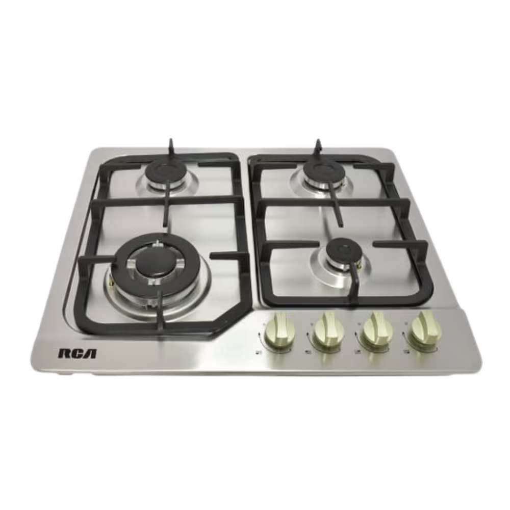 Encimera A Gas RCA 60S-401 4 Quemadores Inox superficie de acero vista tres cuartos, descúbrelo en granhogar