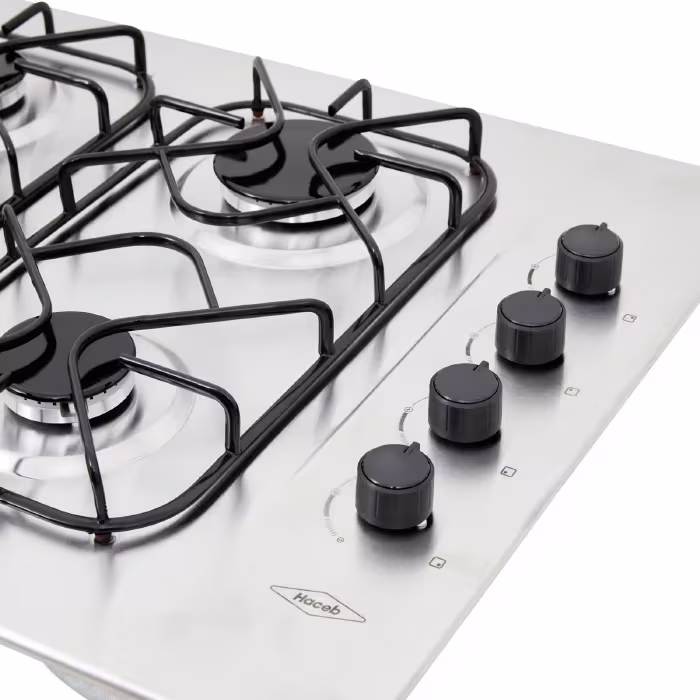 Encimera a Gas Haceb ARL-CG-66INOX-ML con 4 quemadores, diseño en acero inoxidable y perillas ergonómicas, combina potencia, seguridad y estilo. 
