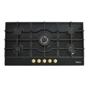 Encimera a gas RCA 90GP007 de 90 cm con 5 quemadores, superficie de cristal negro y perillas doradas