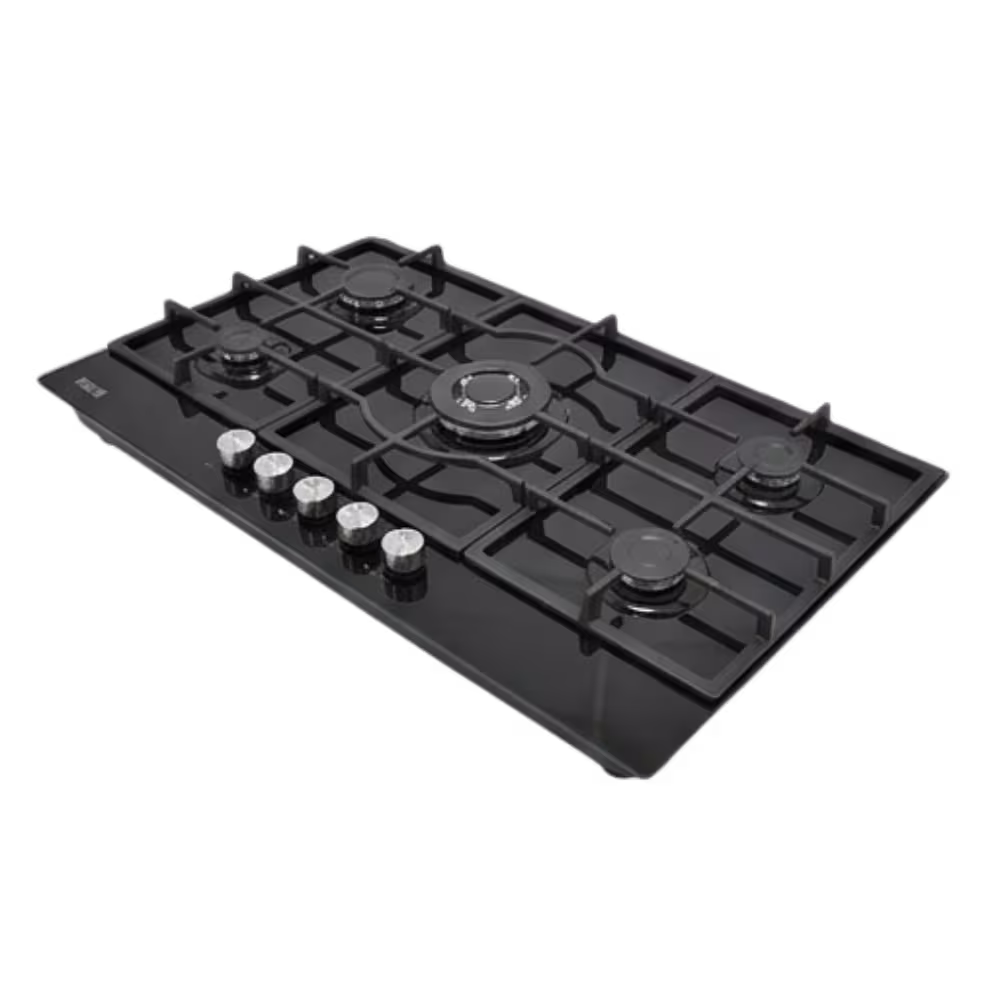 Cocina empotrable RCA 5 quemadores a gas superficie de vidrio templado vista diagonal, consiguelo en granhogar