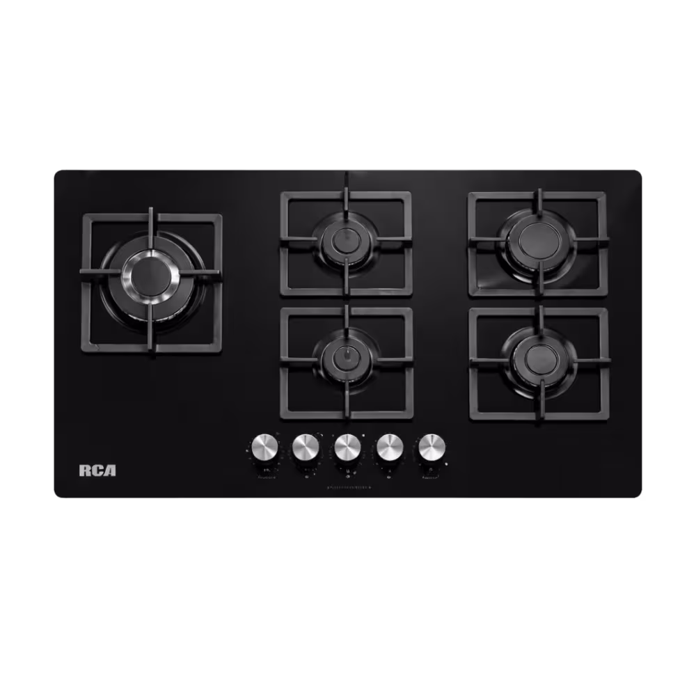 Encimera a gas RCA 90GP007 de 90 cm con 5 quemadores, superficie de cristal negro y perillas doradas