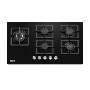 Encimera a gas RCA 90GP007 de 90 cm con 5 quemadores, superficie de cristal negro y perillas doradas