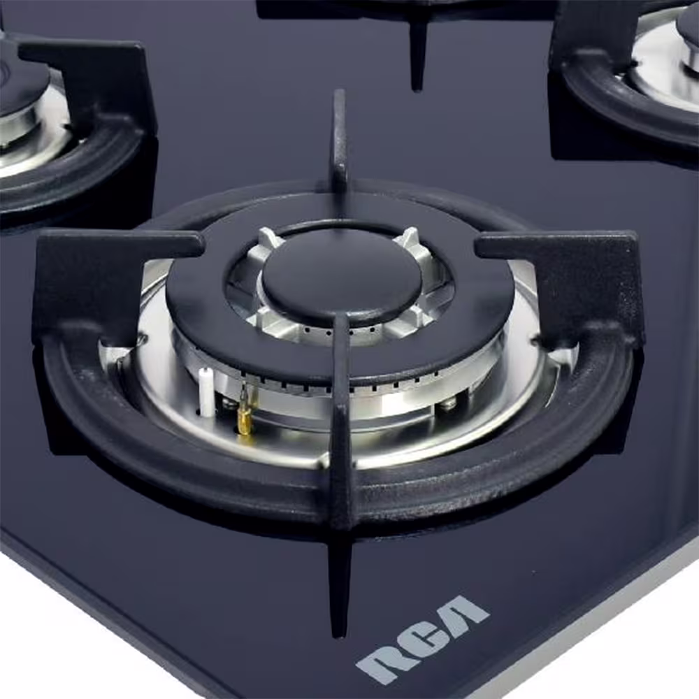 Encimera cristal RCA 60G-401 primer plano de quemador triple llama vista detalle. Encuéntralo en granhogar