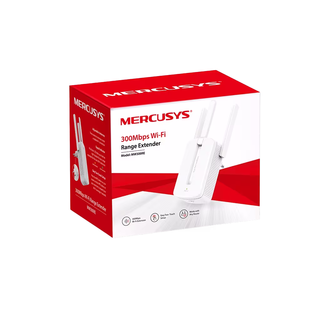 Extensor Wi-Fi Mercusys MW300RE 300Mbps empaque oficial en caja vista tres cuartos, adquiérelo en granhogar