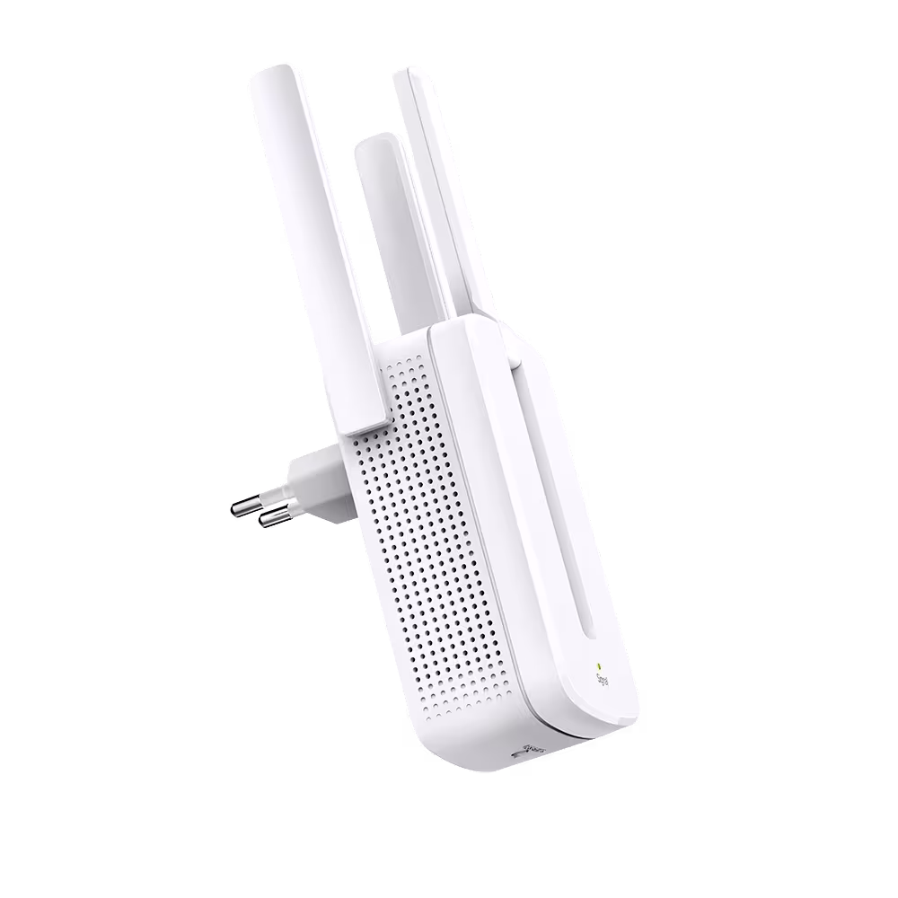 Extensor Wi-Fi Mercusys MW300RE conector a pared y antenas vista tres cuartos, adquiérelo en granhogar