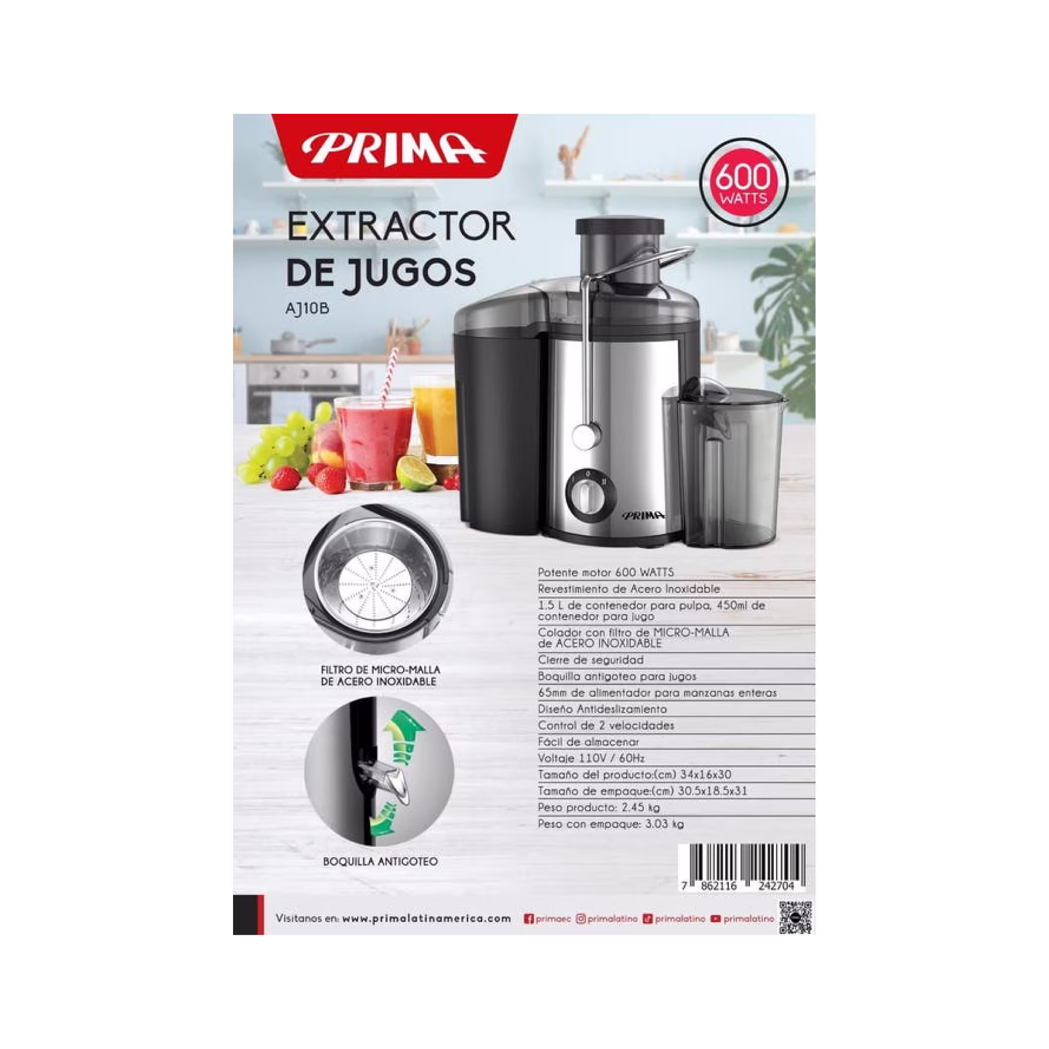 Extractor de jugo Prima AJ10B afiche informativo con especificaciones técnicas caja. Disponible en granhogar