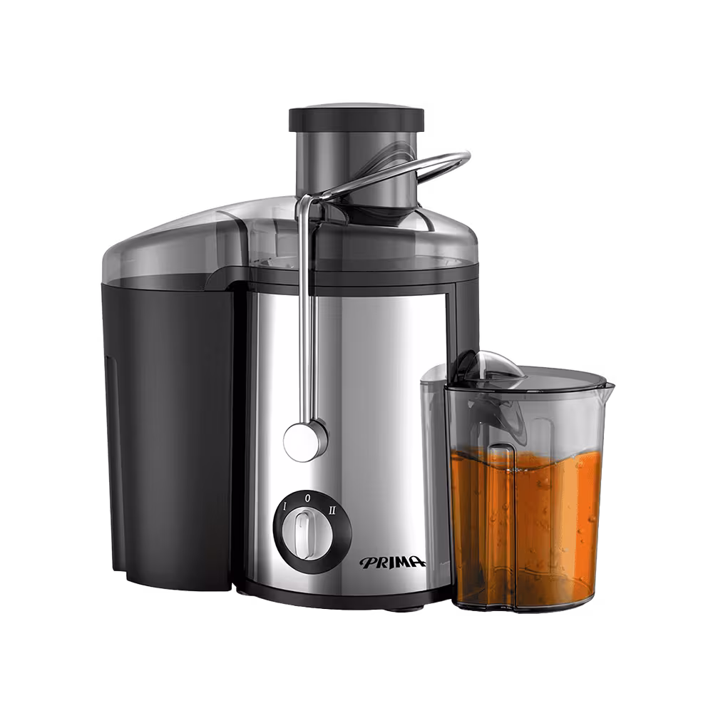 Extractor de jugo Prima AJ10B ensamble completo con jarra colectora vista angular. Disponible en granhogar