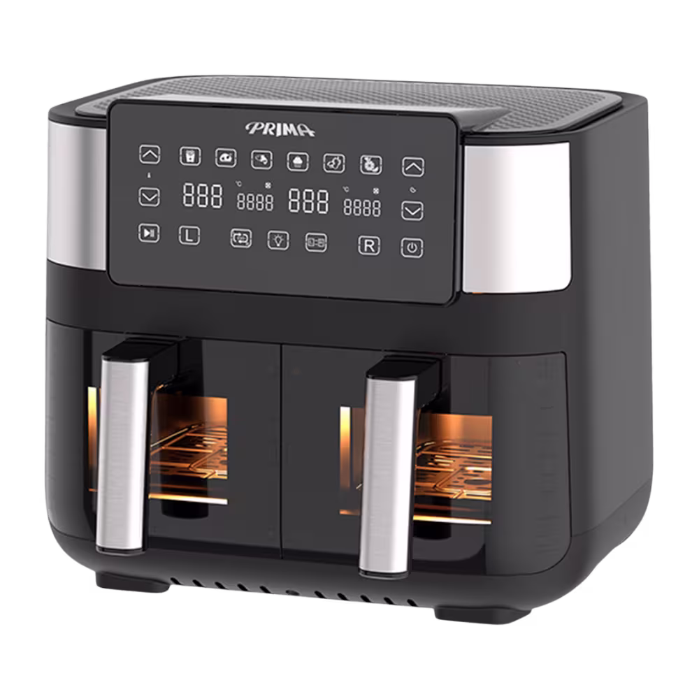 Freidora De Aire Prima AFD-4006-W 8L doble visor encendido vista tres cuartos, adquiérelo en granhogar