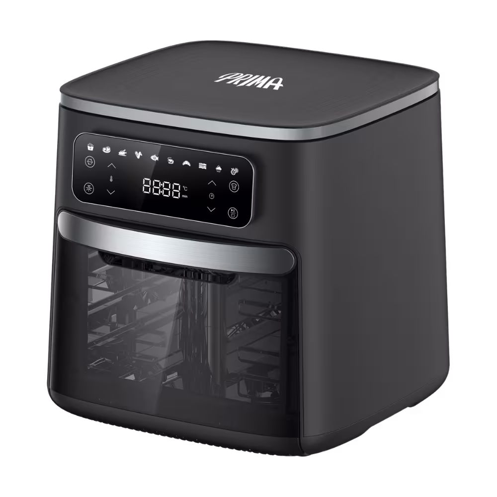 Freidora De Aire Prima AFO-1202A 12 Litros acabado negro vista tres cuartos, disponible en granhogar