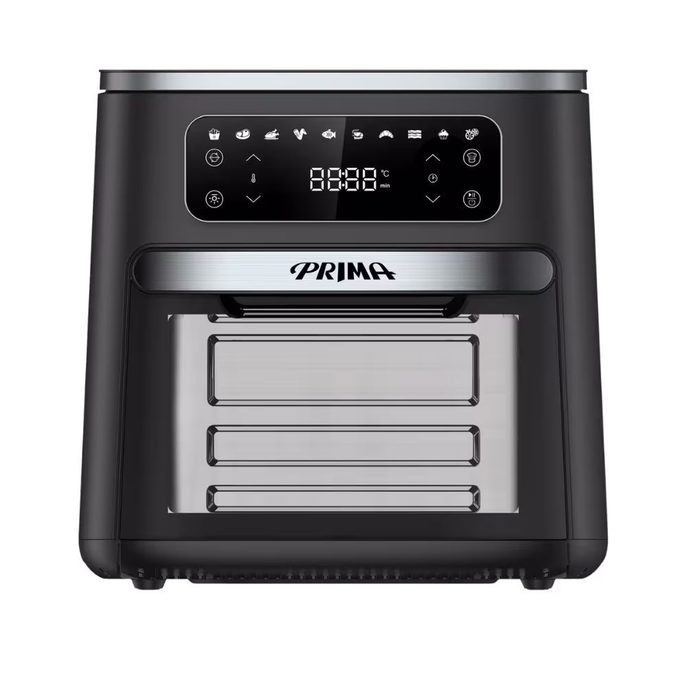 Freidora De Aire Prima AFO-1202A 1800W panel táctil e interior vista frontal, disponible en granhogar
