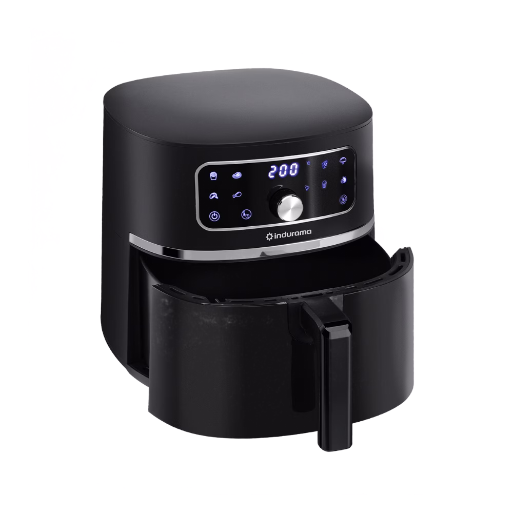 Freidora aire Indurama AFI-6.5L asa ergonómica y contenedor abierto vista diagonal. Encuéntrala en granhogar