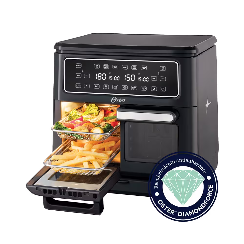 Freidora de aire digital Oster CKSTAF11MCDDF-013 cesta de papas fritas vista diagonal. Solo en granhogar