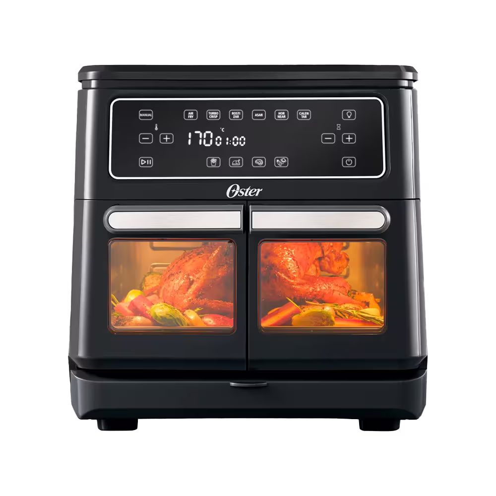 Freidora de aire digital Oster CKSTAF11MCDDF-013 dos ventanas activas vista frontal. Encuéntrala en granhogar