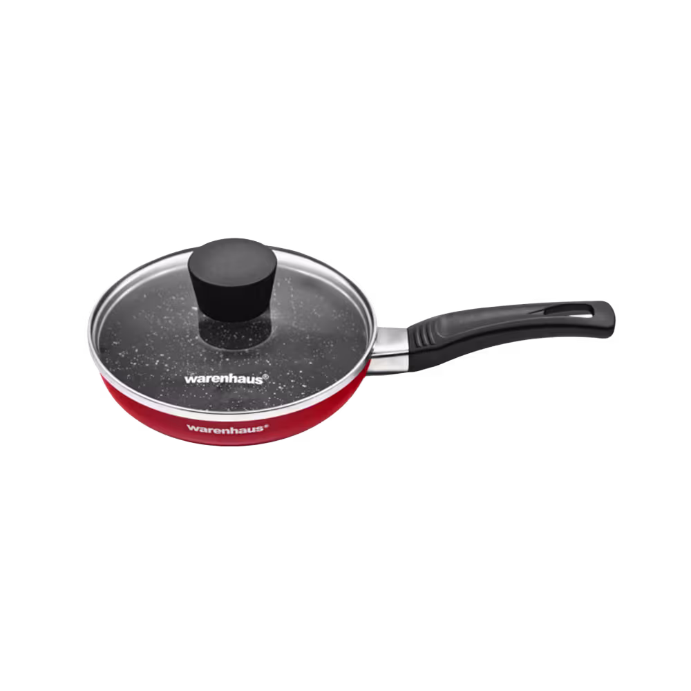 Freidora de huevos Warenhaus 14 cm antiadherente con tapa de vidrio vista diagonal. Solo en granhogar