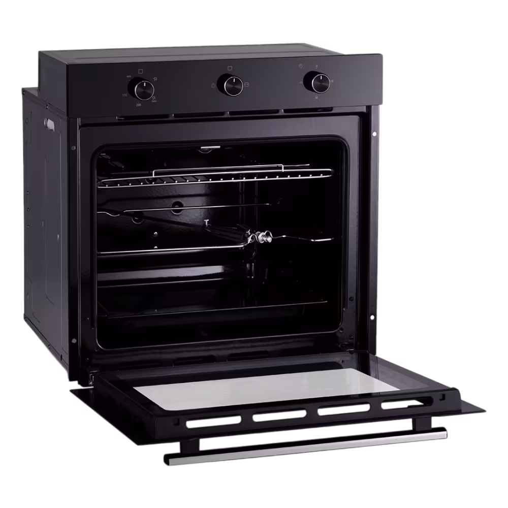 Horno empotrable Indurama HEI-75GN con puerta abierta y parrilla vista diagonal encuentrala en granhogar
