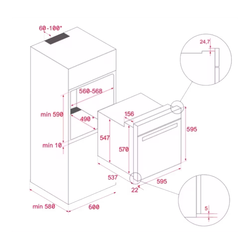 Horno empotrable Teka HBB 510 BK plano con medidas de empotrar vista de esquema. Encuéntralo en granhogar