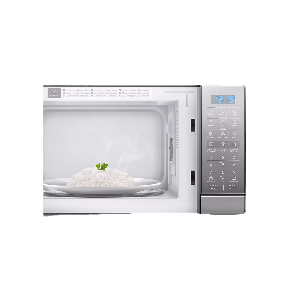 Horno microondas EMDO25S3GSEUG 25L Croma Electrolux con plato de comida en el interior adquiérelo en granhogar