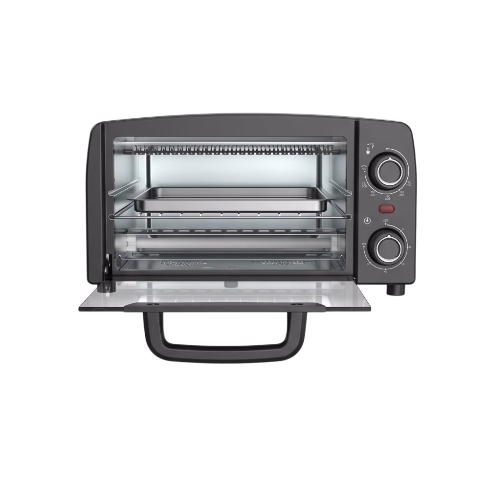 Horno Tostador Mabe HTM10LN 10L puerta abierta y bandeja vista frontal, adquiérelo en granhogar