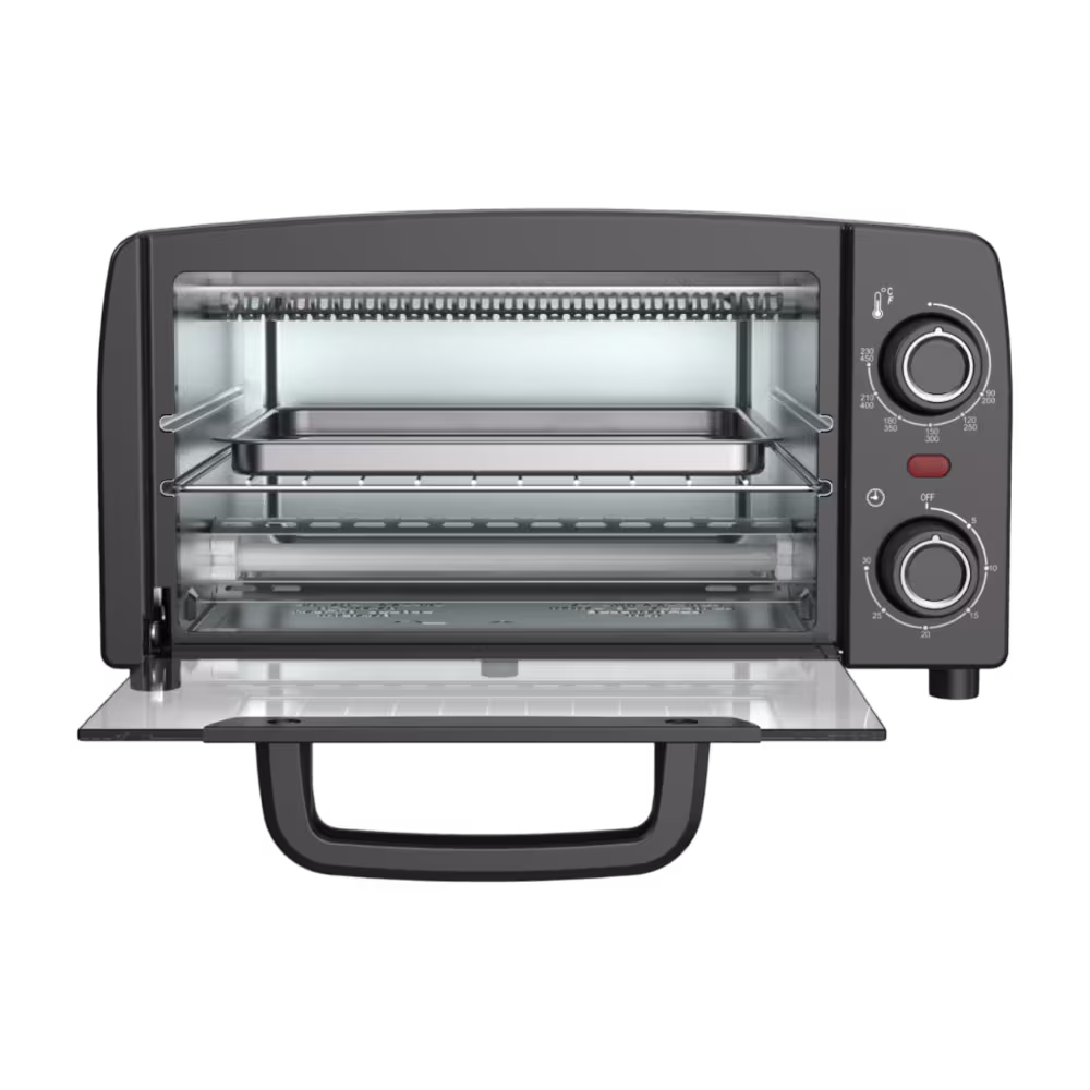 Horno Tostador Mabe HTM10LN 10L puerta abierta y bandeja vista frontal, adquiérelo en granhogar