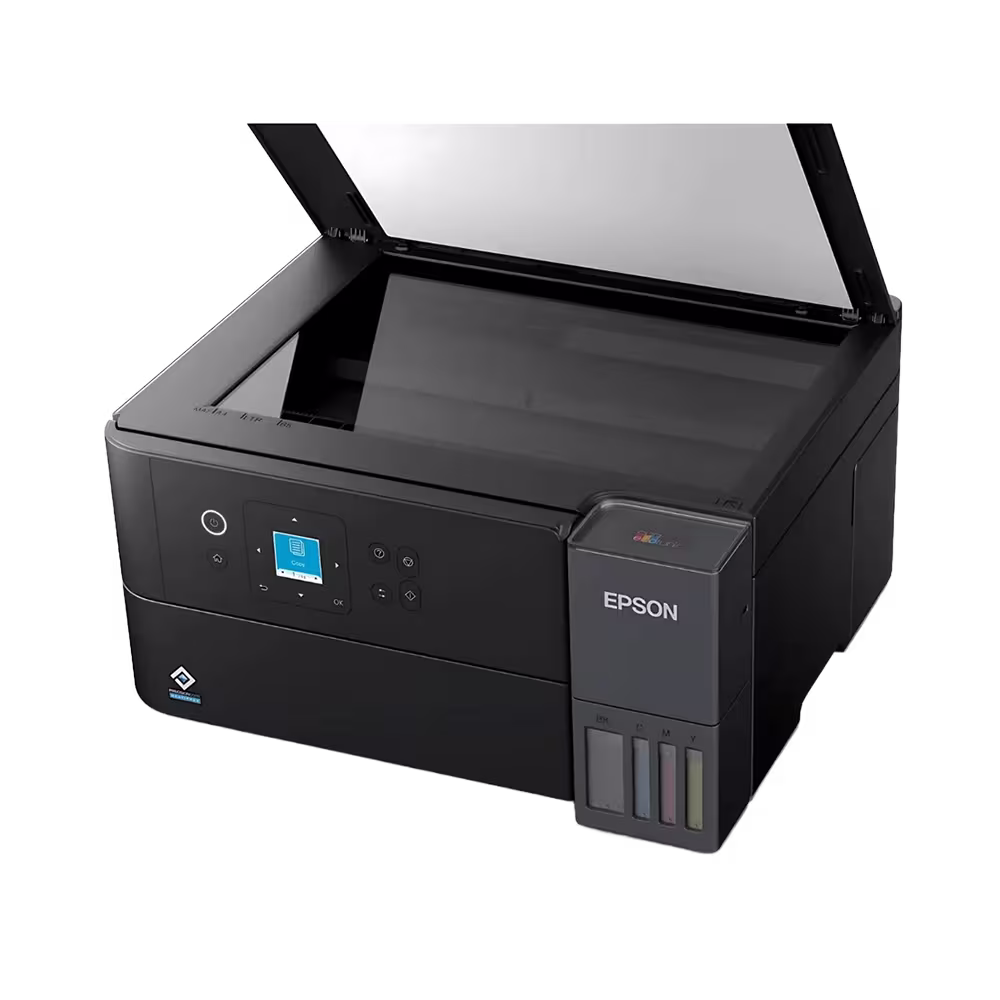 Impresora multifuncion Epson L4360 escaner plano abierto vista diagonal. Disponible en granhogar