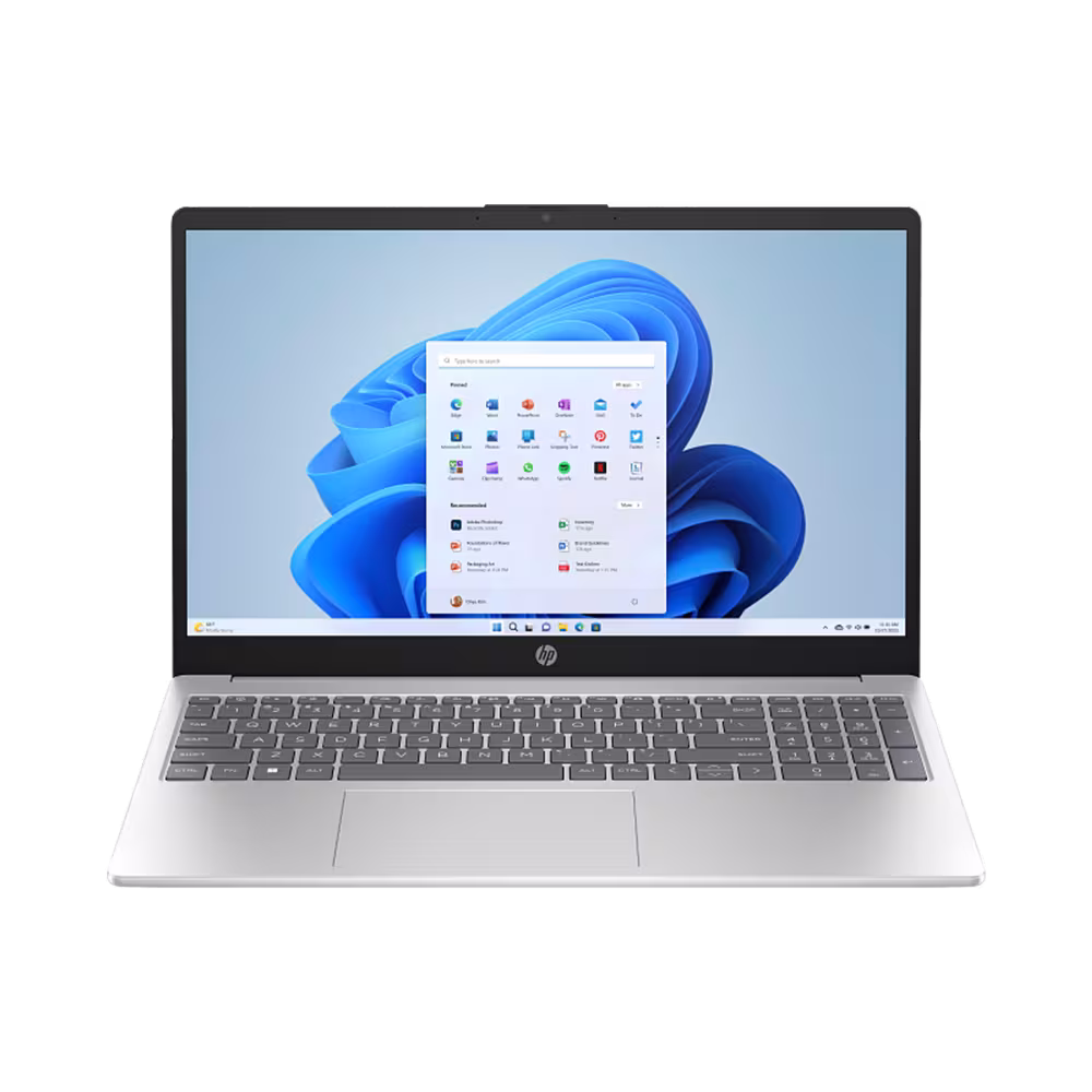Laptop HP 15-FD0331LA pantalla abierta y teclado numérico vista frontal. Disponible en granhogar