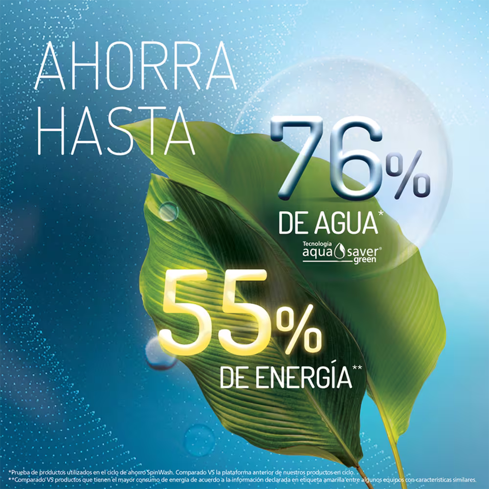 Lavadora Mabe LME7120WDGAB0 infografia ahorro y energia aqua saver green vista de frente. Consíguela granhogar
