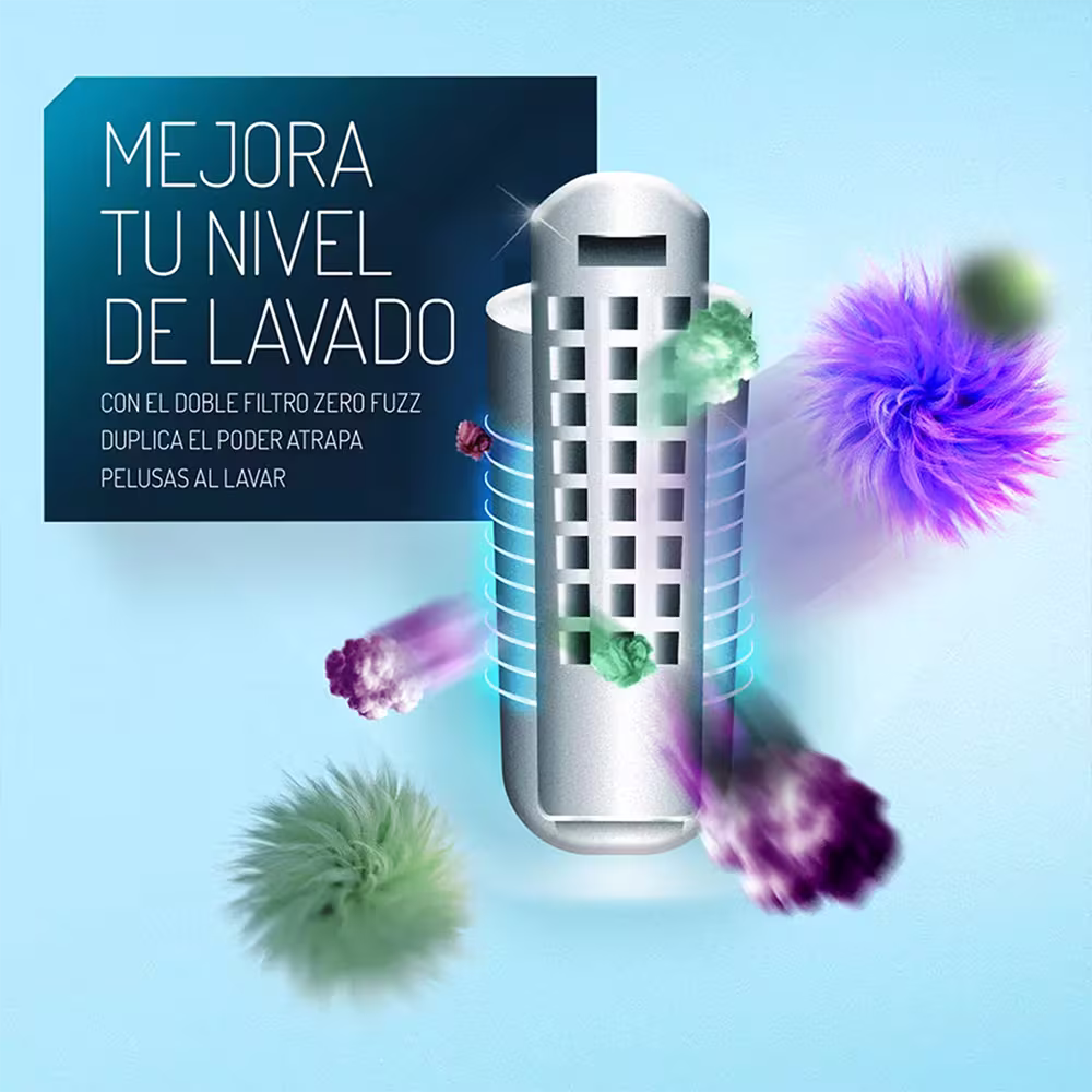 Lavadora Mabe LME7120WDGAB0 infografia de filtro atrapapelusa zero fuzz vista detalle. Aquiérela en granhogar