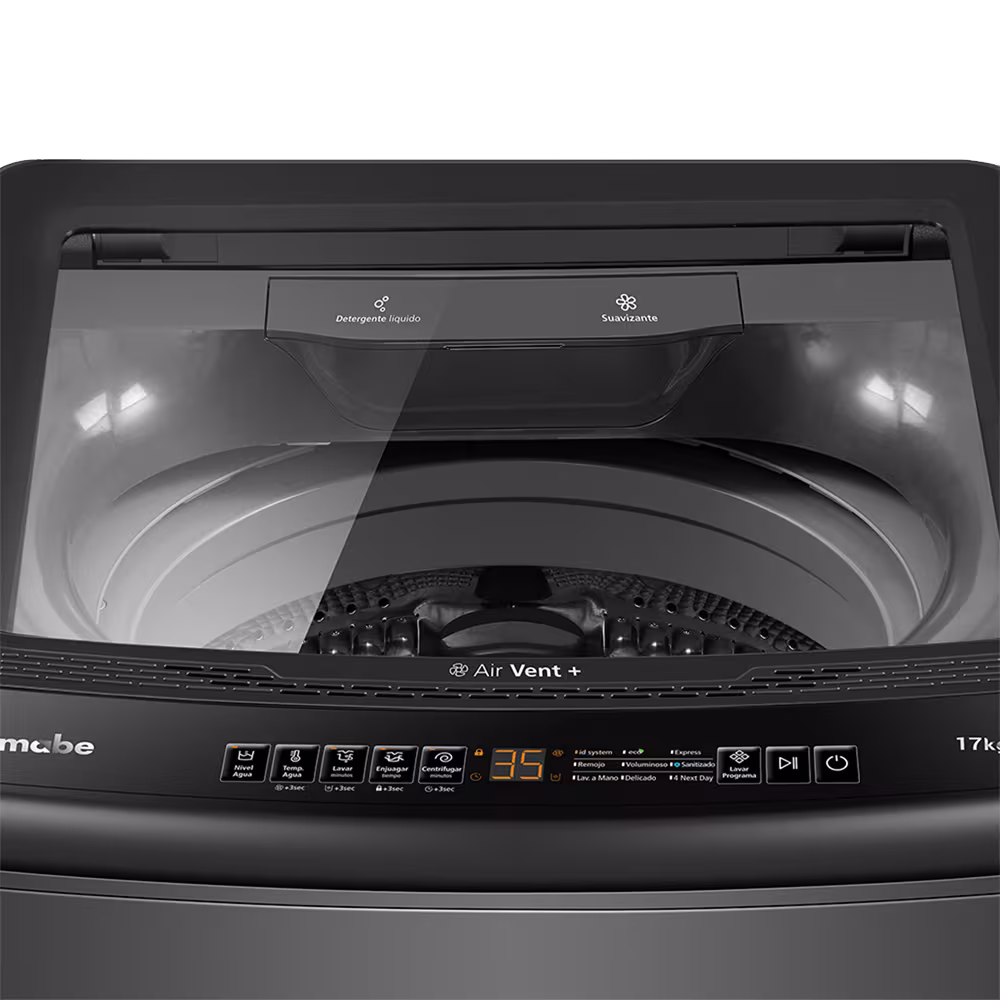 Lavadora carga superior Mabe LME7120WDGAB0 panel digital y tapa cristal vista superior. Solo en granhogar