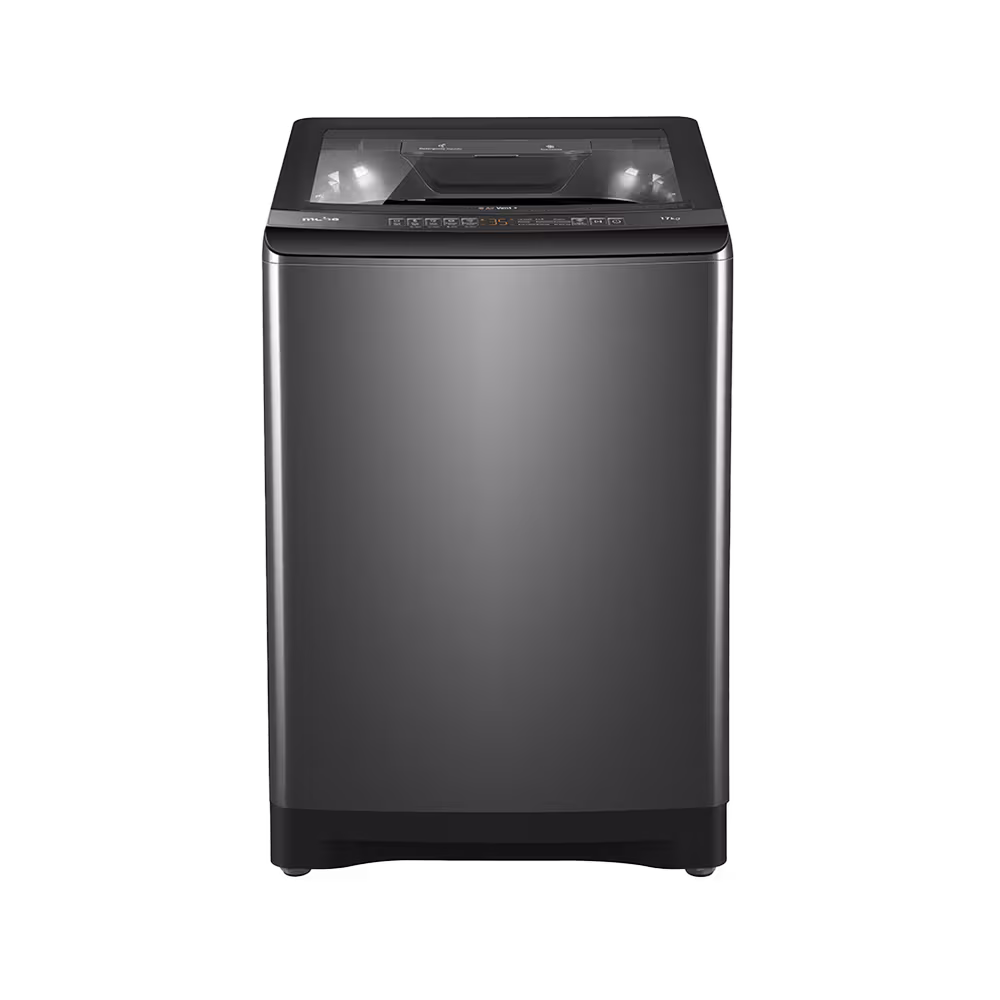 Lavadora carga superior Mabe LME7120WDGAB0. Tapa de vidrio color gris vista frontal. Disponible en granhogar