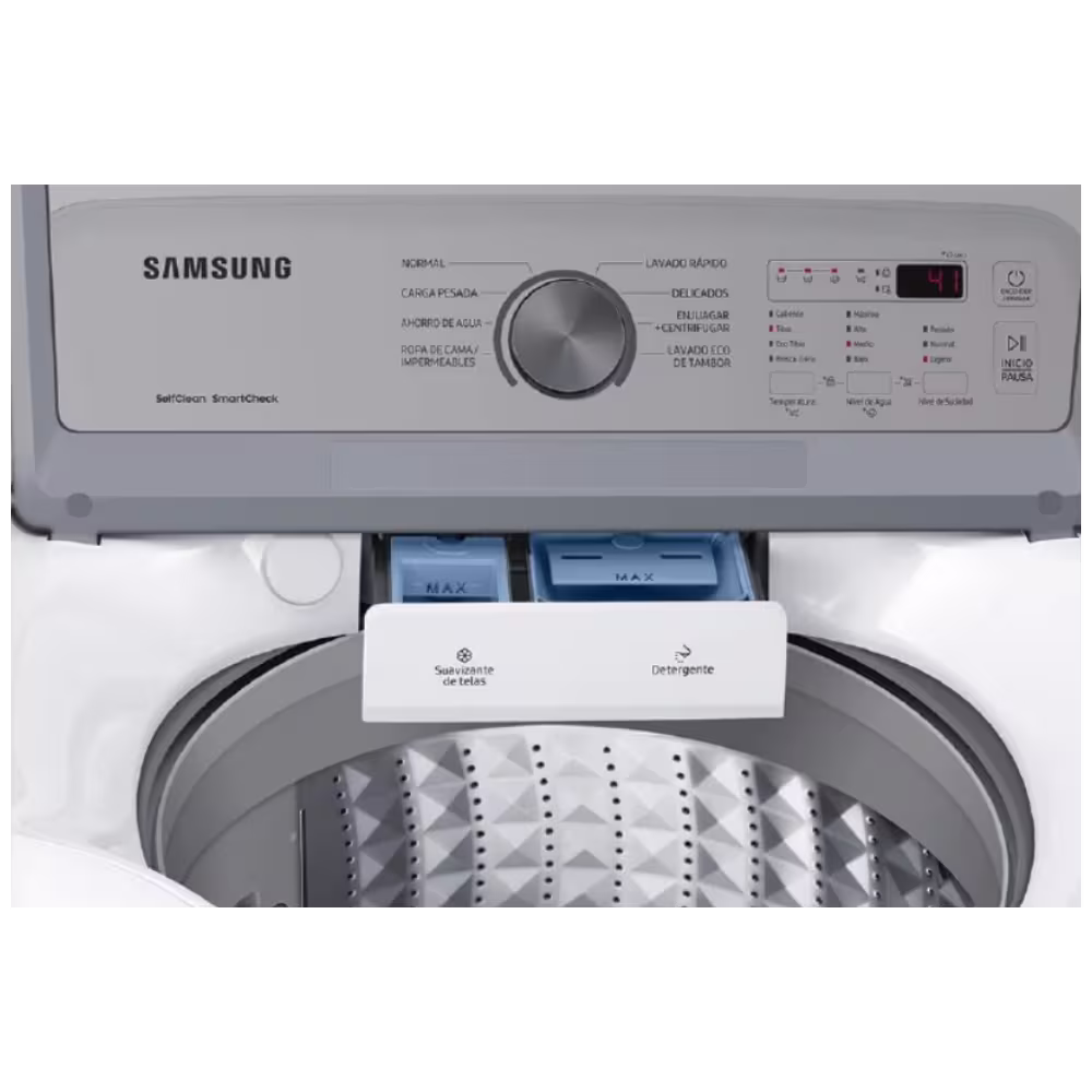 Lavadora automatica Samsung WA19A3353GW-AP dispensador de detergente primer plano disponible en granhogar