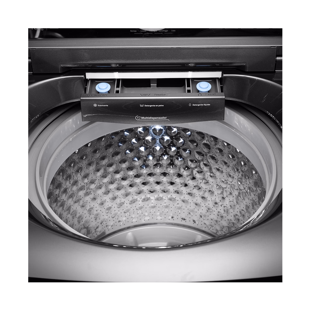 Lavadora automática LRI-18CRPP 18kg Indurama croma detalle del tambor y dispensador descúbrelo en granhogar