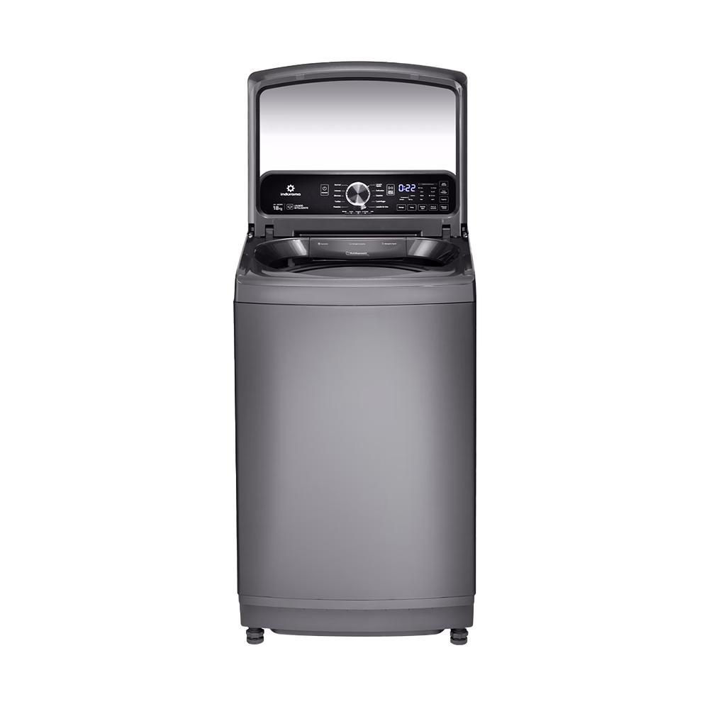 Lavadora automática LRI-18CRPP 18kg Indurama croma con tapa abierta adquiérelo en granhogar
