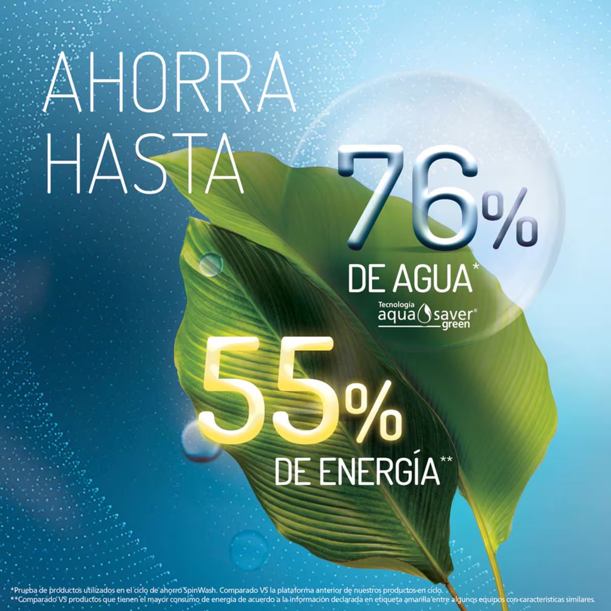 Lavadora Mabe LME7120WDGAB0 infografia de ahorro de agua y energia aqua saver green vista de frente granhogar