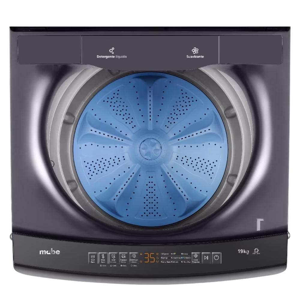 Cesto interior azul y panel de la lavadora automática LME9120WDGAB0 19kg Mabe, adquiérelo en granhogar